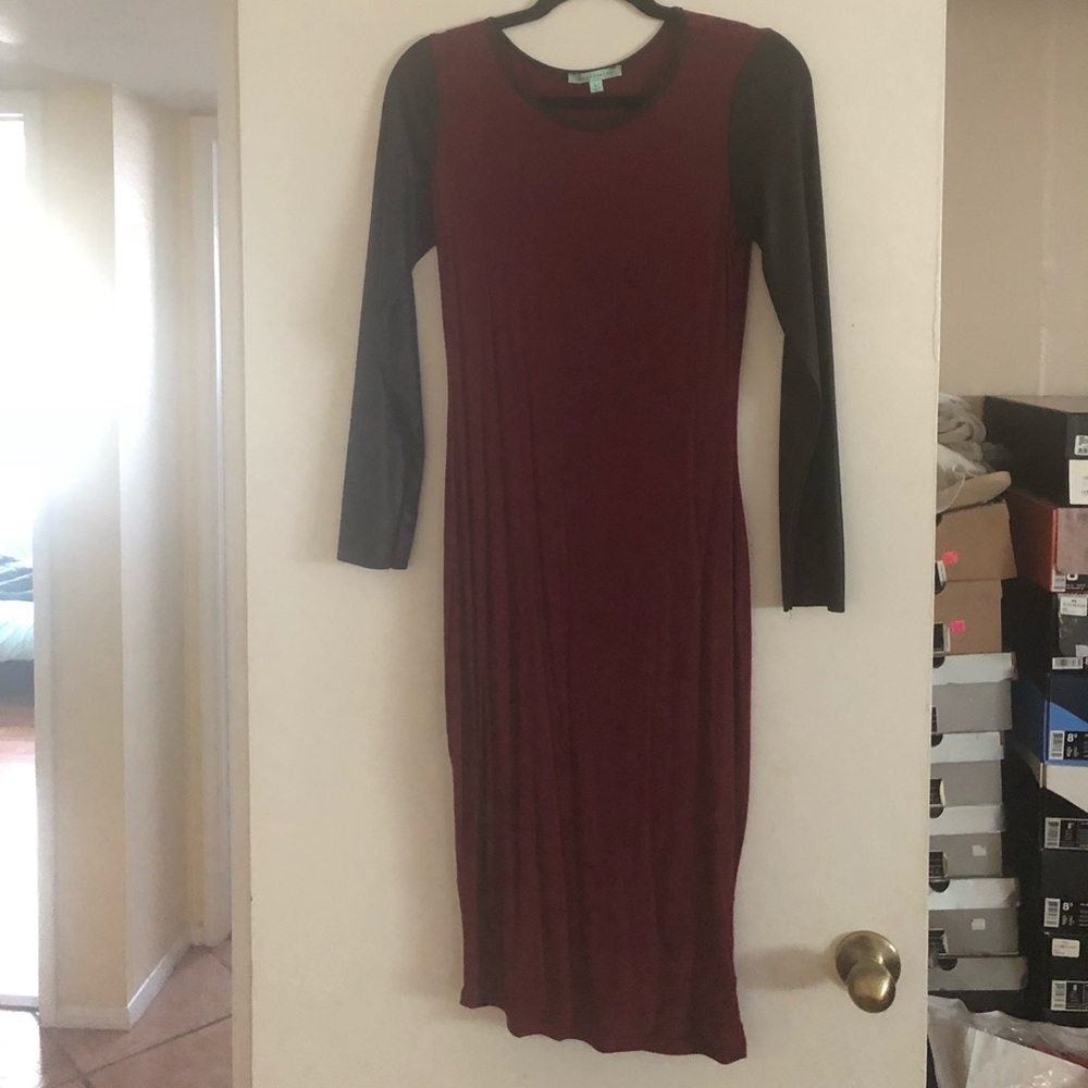 Wine and Black Faux Leather sleeve Midi Dress